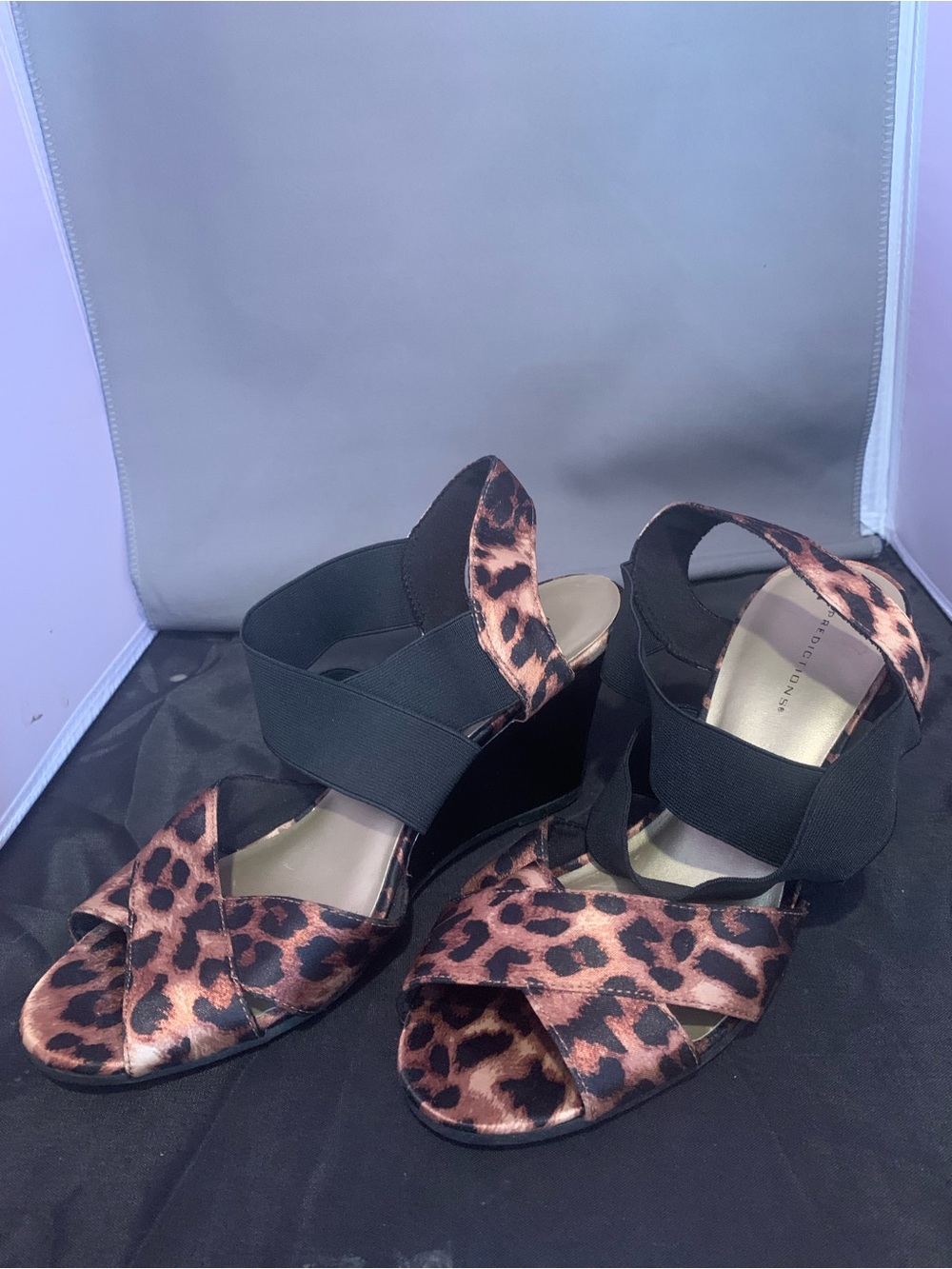 Predictions Leopard Print Wedge Sandals with Black Elastic Cross Straps